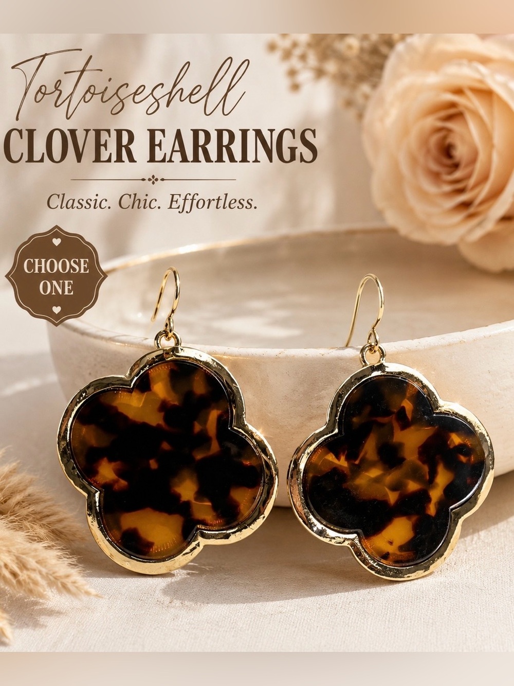 Clover Tortoiseshell Dangle Earrings - Gold Trim